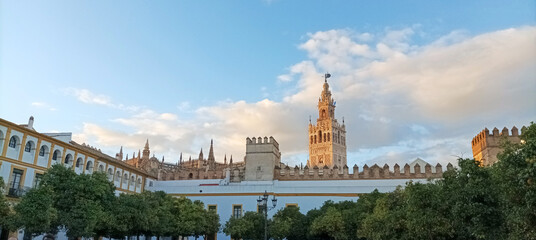View of the bell tower La Giralda from the Patio de las Banderas, Cathedral of Seville, Real Alcazar de Seville, Seville, Andalusia, Spain 
