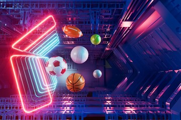 3d sport rendering. background for a sports game. 3d illustration. realistic abstract backdrop. ball object. copy space. tennis soccer basketball golf rugby volleyball elements. neon concept design.