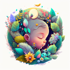 Cute calm sleep Baby boy, Floral circular frame, icon, cartoon