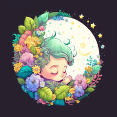 Cute calm sleep Baby boy, Floral circular frame, icon, cartoon