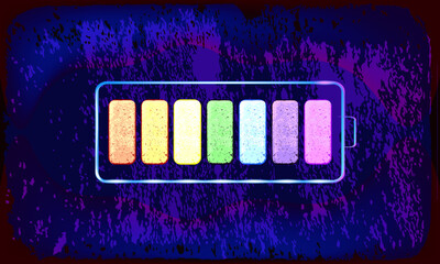 Battery icon. Various textures. A symbol with seven branches. A sign with a regulator of the occupancy of each part. Vector design for applications, phones, computers, games and web sites.