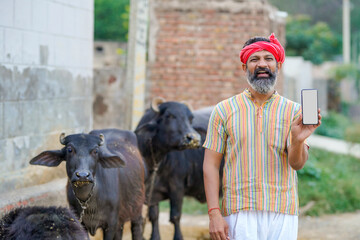 Indian farmer showing smartphone screen at cattle farm