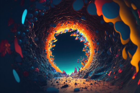 Fototapeta Abstract colorful psychedelic acid trip portal. Dreamy and relaxing wallpaper. AI 