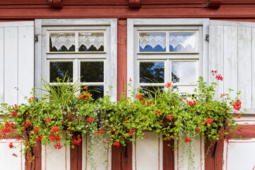 Fototapeta na wymiar Old Window with flower pots and herbs in Vessra Abbey in Kloster Vessra, Thuringia in Germany