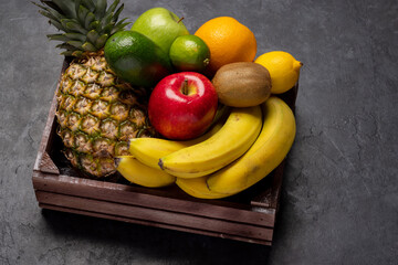 Wooden box full of healthy food