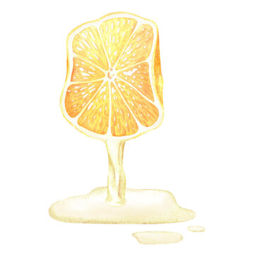 Squeezed lemon with juice flowing from it. Watercolor illustration. Isolated on a white background. For your design recipes, kitchen utensils, product packaging with citrus acid or scent