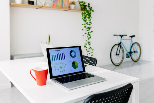 Bar graph and pie chart on laptop screen by coffee cup at desk in office
