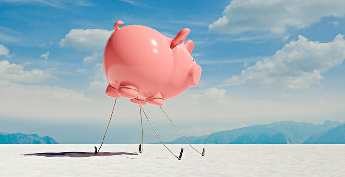 Three dimensional render of floating piggy bank tied down to ground in desert