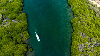 Saudi Arabia, Jazan Province, Aerial view of boat sailing through mangrove forest in Farasan Islands archipelago
