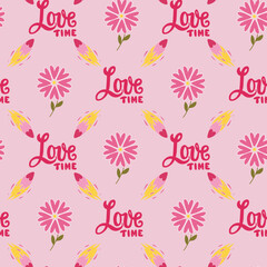 Hand drawn lettering Love Time, burning hearts and flowers seamless pattern