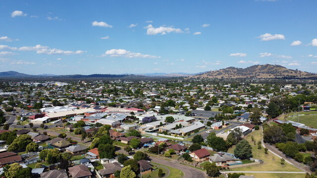 The aerial drone point of view photography of residential house aerial view at Wodonga is a city on the Victorian side of the border with New South Wale, Australia.