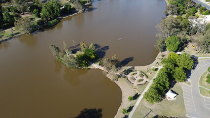 The aerial drone point of view in panoramic photography at Belvoir Park with lake abundant in Wodonga is a city on the Victorian side of the border with New South Wales.