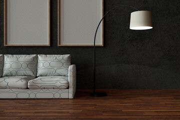 Three dimensional render of floor lamp standing beside white sofa