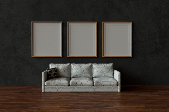 Three dimensional render of white sofa with empty picture frames hanging behind