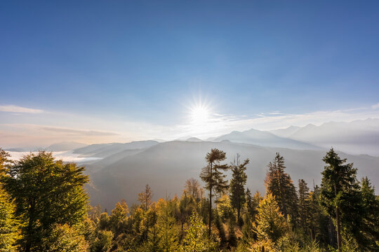 Germany, Bavaria, Ester Mountains at foggy sunrise