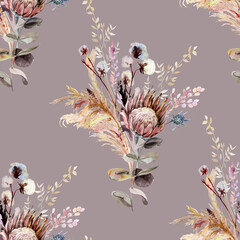 Botanical seamless pattern with bouquet of dried protea flowers and tropical dried flowers