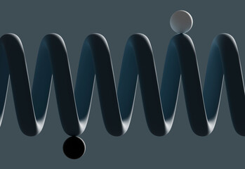 Three dimensional render of two spheres balancing on coil