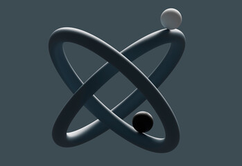 Three dimensional render of two spheres balancing on interlocked circles
