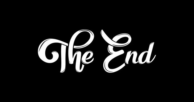 The end animation. The text is handwritten in modern calligraphy with ink drops. Animated is suitable for logos, posters, cinema, flogs, movies, videos, and banners. Black background alpha channel.