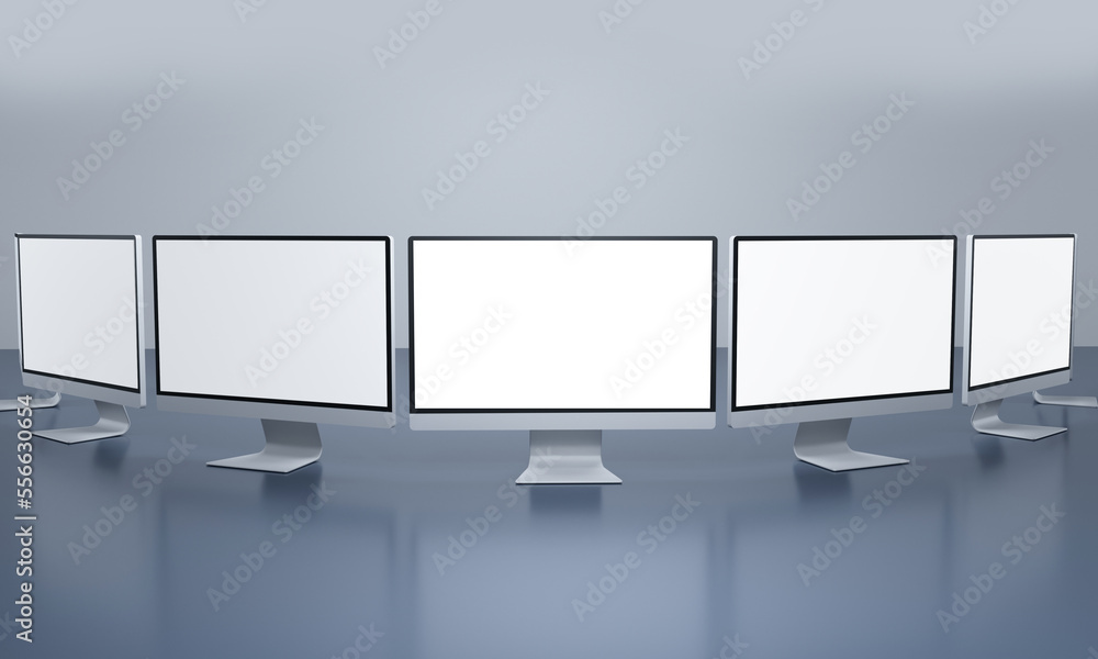 Aufkleber 3d render of empty computer screens mockup against glossy slate background.