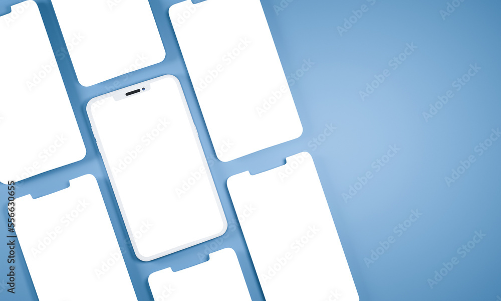 Poster top view of 3d render empty smartphone screens mockup on blue background.