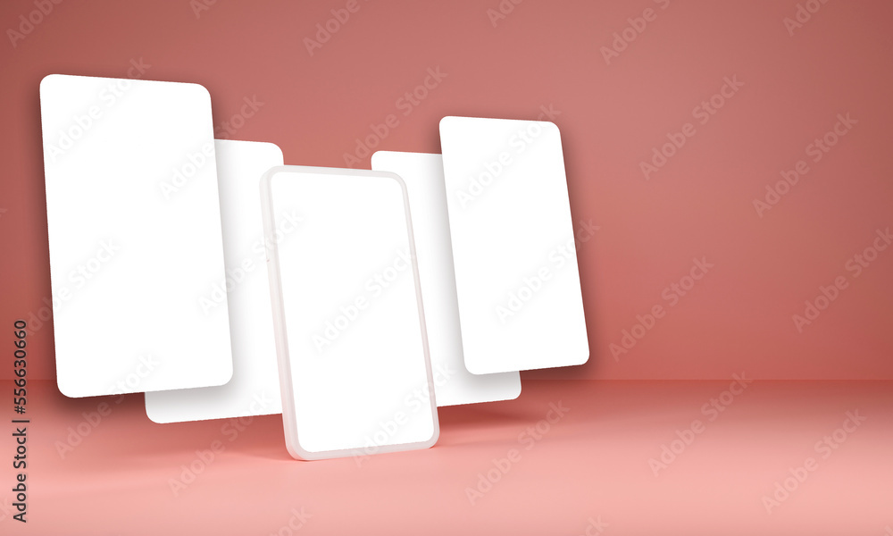 Aufkleber 3d rendering smartphone with blank floating screens mockup on dyed coral background.