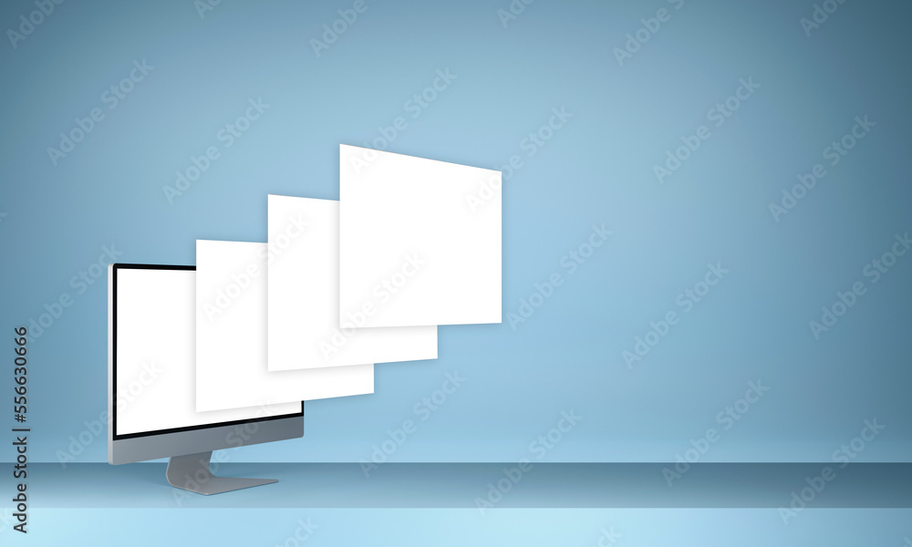 Aufkleber 3d render computer with blank floating screens mockup on blue background.