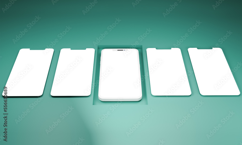 Aufkleber top view of 3d render empty smartphone screens mockup on gradient green background.