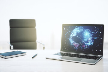 Computer monitor with abstract graphic digital world map with connections, globalization concept....