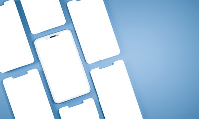 Top View Of 3D Render Empty Smartphone Screens Mockup On Blue Background.