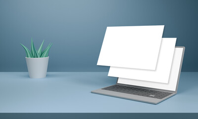 3D Rendering Blank Multi-Screen Laptop Mockup And Plant Pot On Blue Background.