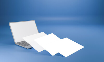 3D Render Laptop With Blank Floating Screens Mockup On Blue Background.