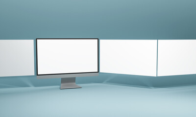 3D Render Blank Multi-Screen Monitor Mockup On Pale Teal Background.