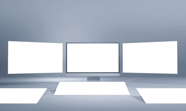 3D Render Desktop With Blank Floating Screens Mockup On Slate Background.