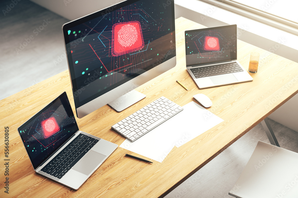 Aufkleber Modern computer monitor with abstract creative fingerprint hologram, research and development concept. 3D Rendering