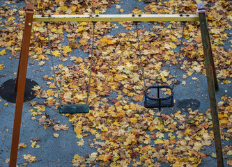 Double swing on empty covered with yellow leaves playground in october