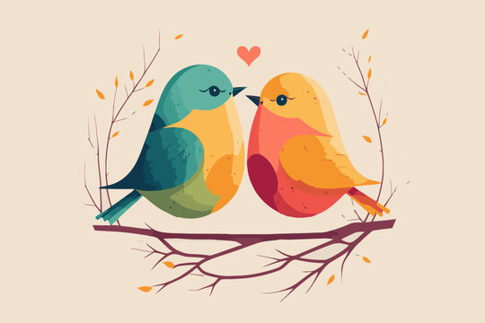 couple Love Birds perched on a branch of a Tree valentine day theme