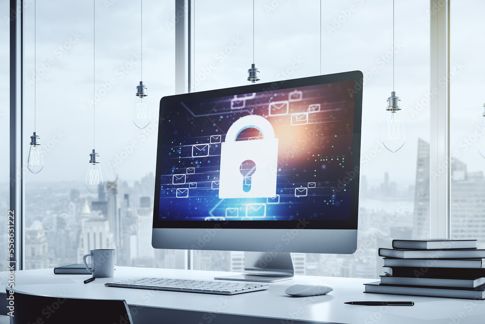 Poster creative lock sketch with email symbols hologram on modern laptop monitor, protection of personal da