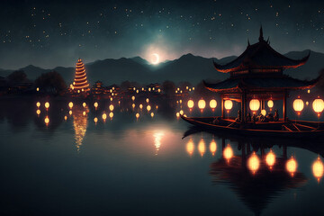 Obraz premium houses on both sides of the lake, crowds watching the lantern festival, lights, stars flashing, calm lake, arch bridge. Generative AI