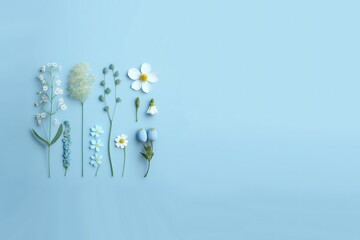Spring Flowers On Pastel Blue Background On Right Side Copy Scape Ready Spring Scene Generative AI