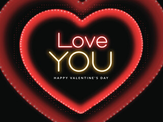 Neon LOVE YOU Text On Layered Marquee Heart Shape Background For Happy Valentine's Day Concept.