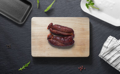 Spanish onion chorizo on a flat lay of a kitchen with various items