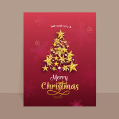 Fototapeta na wymiar Merry Christmas Greeting Card With Xmas Tree Made By Golden Stars, Baubles, Confetti On Red Snowflakes Background.