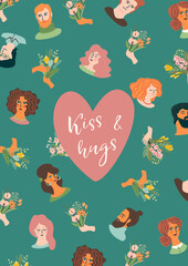 Romantic illustration with cute young women and men in love. Love story, relationship. Vector design concept for Valentines Day and other