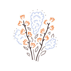 Abstract flower bouquet in sketch doodle style. Trendy bloom line art. Colorful floral bunch. Hand drawn vector illustration isolated on white background