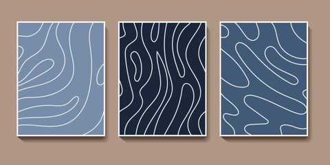 Abstract hand drawn wavy lines pattern posters set. Minimalist blue colors cover design. Vector doodle illustration for modern wall art, brochure, card, invitation
