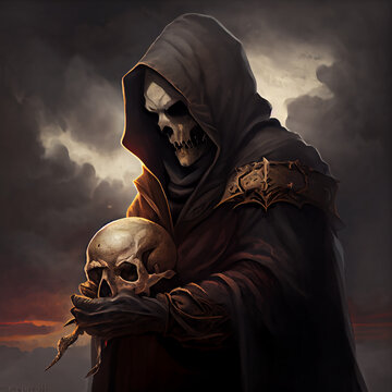 Coaked Vampire Holding a Skull