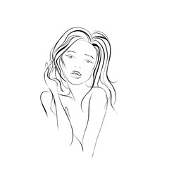 Beautiful woman, single line on a white background, isolated vector illustration. Tattoo, print and logo design for a spa or beauty salon. Line art.