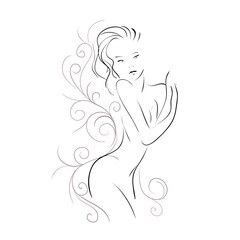 Beautiful woman, single line on a white background, isolated vector illustration. Tattoo, print and logo design for a spa or beauty salon. Line art.