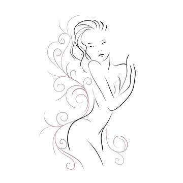 Beautiful woman, single line on a white background, isolated vector illustration. Tattoo, print and logo design for a spa or beauty salon. Line art.